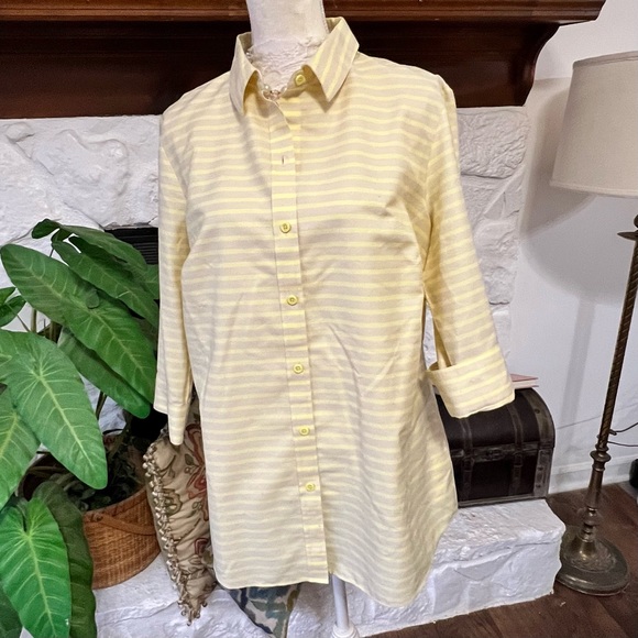 Coldwater Creek Tops - Coldwater Creek Women’s Cotton Yellow Striped Button-Up Shirt Blouse Size 1X/18